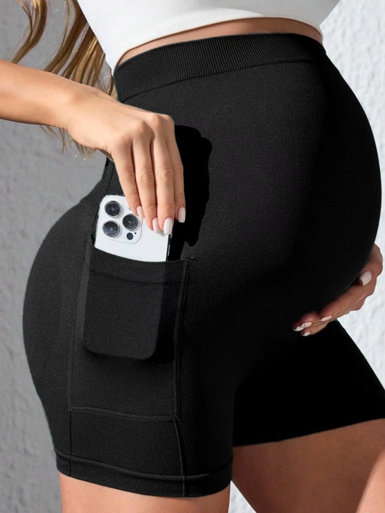 Womens Maternity Yoga Shorts over the Belly Pregnancy Workout Athletic Biker Shorts with Pockets