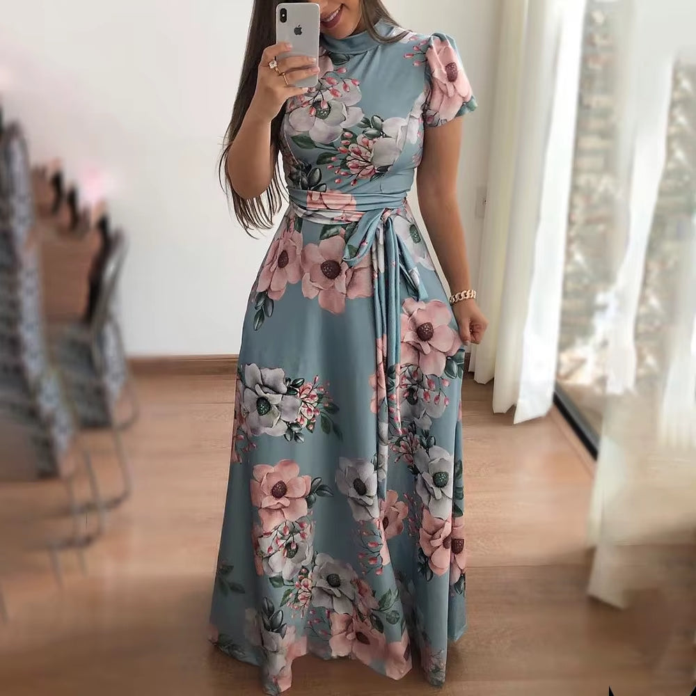 Women'S Floral Print Summer Dress - 2025 New Boho A-Line Swing Dress with Short Sleeves, High Waist Flowy Maxi Dress for Beach &