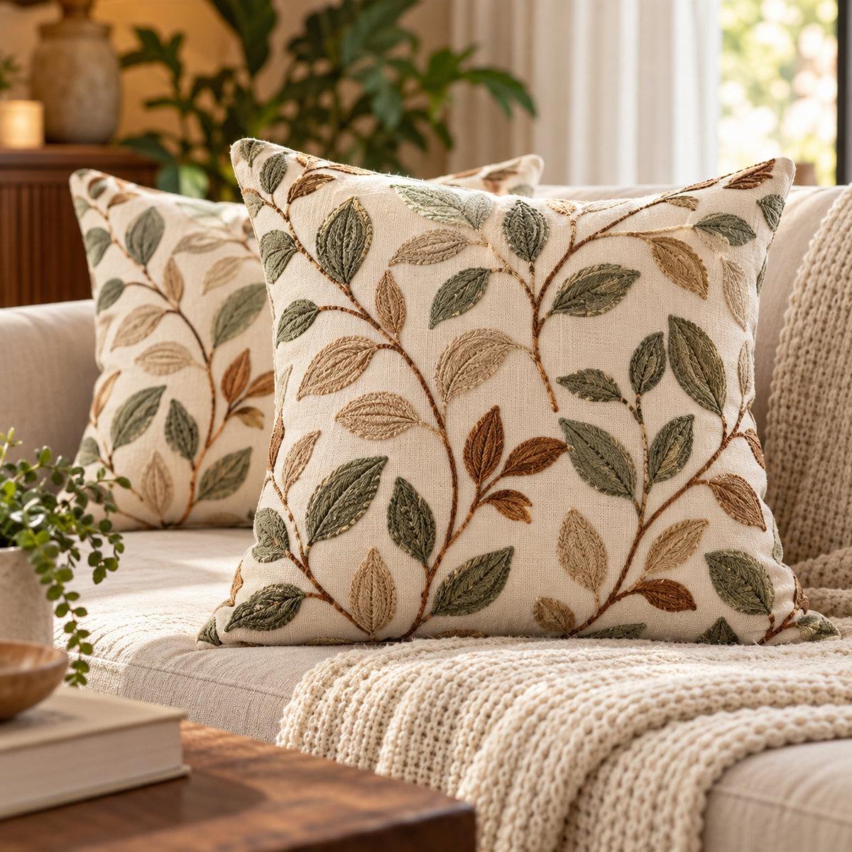 Botanical Haven Embroidered Cushion