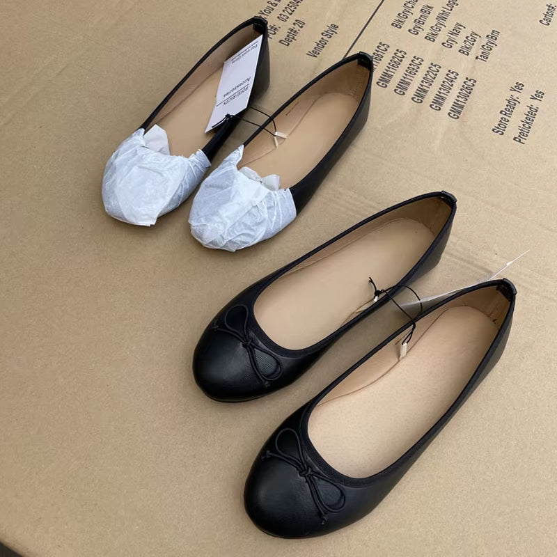 2026 Spring Elegant Bowknot Ballet Flats Classic Shoe round Toe Comfort Slip-On Ladies Fashion Loafers Leather Mules Shoes