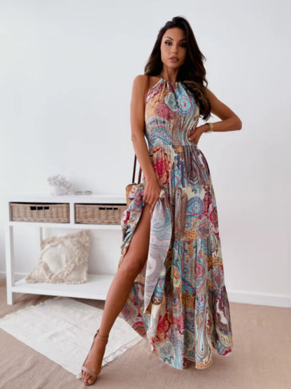 Fashionable and Sexy Bohemian-Style Printed Backless Suspender Long Dress for Women