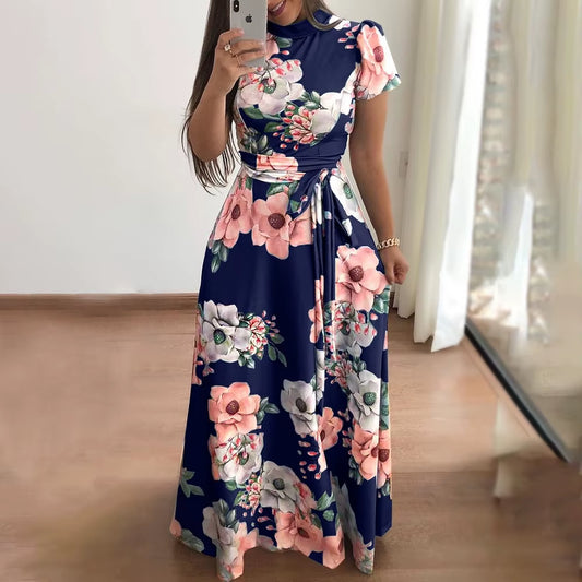 Women'S Floral Print Summer Dress - 2025 New Boho A-Line Swing Dress with Short Sleeves, High Waist Flowy Maxi Dress for Beach &