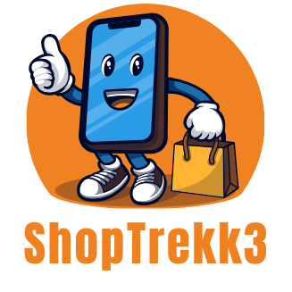 Cartoon smartphone character with a shopping bag and thumbs up, holding a phone, on an orange background with 'ShopTrek3' text.