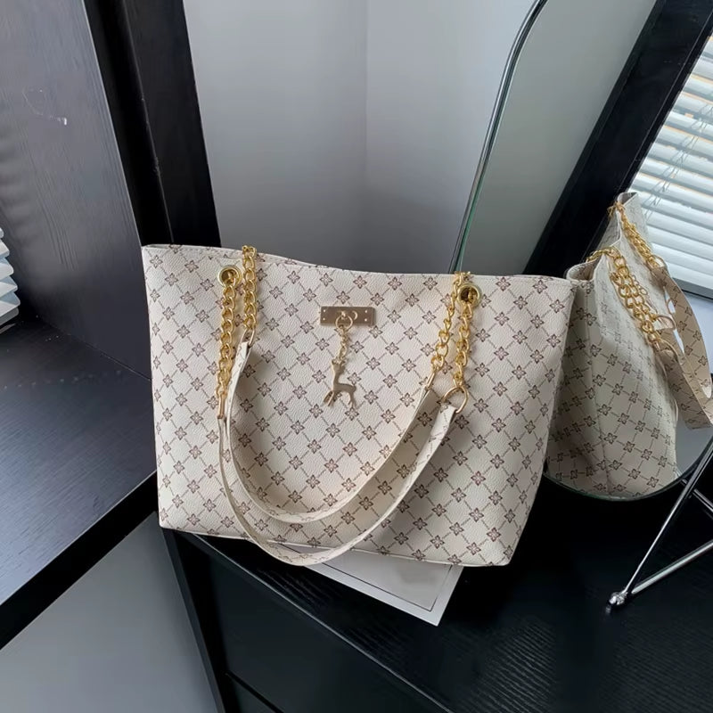 New Presbyopia Handbag Texture Soft Leather Large Capacity Tote Women Bag with Hanging Accessories Shoulder Bag