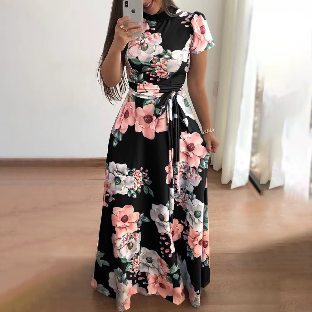 Women'S Floral Print Summer Dress - 2025 New Boho A-Line Swing Dress with Short Sleeves, High Waist Flowy Maxi Dress for Beach &