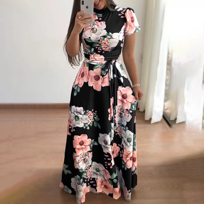 Women'S Floral Print Summer Dress - 2025 New Boho A-Line Swing Dress with Short Sleeves, High Waist Flowy Maxi Dress for Beach &