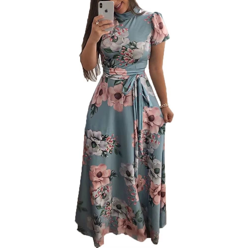 Women'S Floral Print Summer Dress - 2025 New Boho A-Line Swing Dress with Short Sleeves, High Waist Flowy Maxi Dress for Beach &