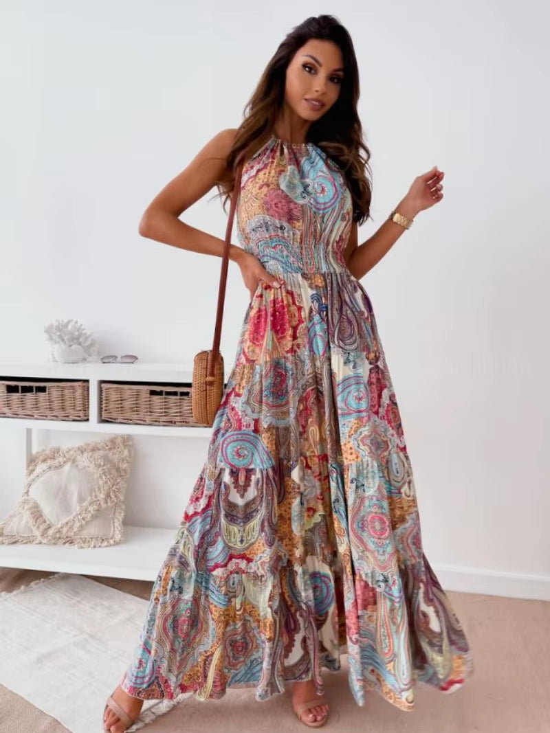Fashionable and Sexy Bohemian-Style Printed Backless Suspender Long Dress for Women