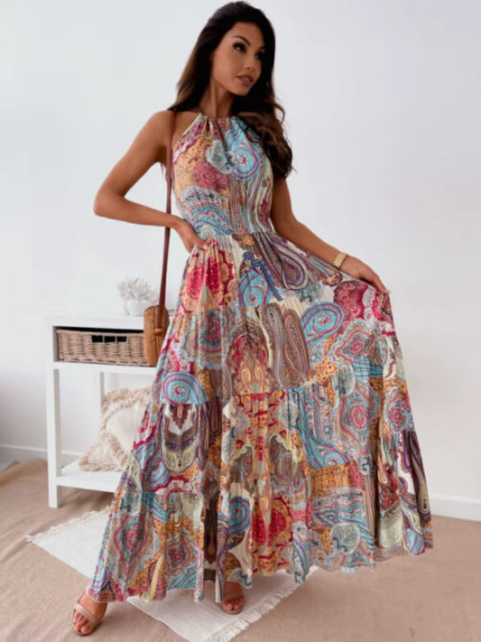 Fashionable and Sexy Bohemian-Style Printed Backless Suspender Long Dress for Women