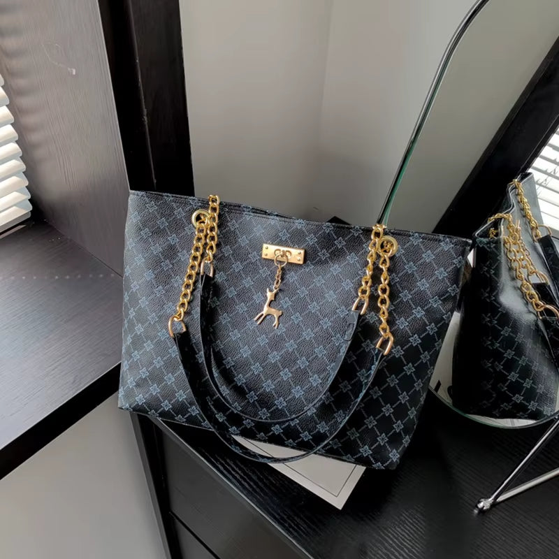 New Presbyopia Handbag Texture Soft Leather Large Capacity Tote Women Bag with Hanging Accessories Shoulder Bag
