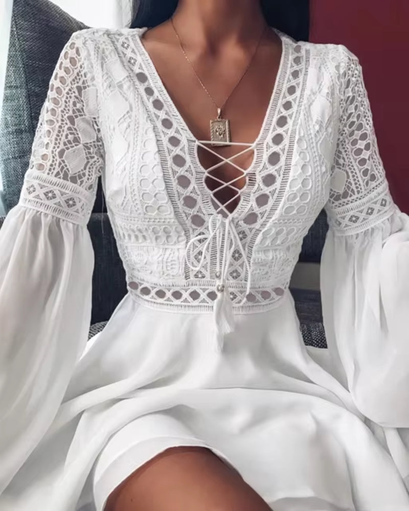 Women'S a Line Dress Short Mini Dress White Black Red Long Sleeve Solid Color Ruffle Patchwork Chiffon Spring Summer Slim V Neck