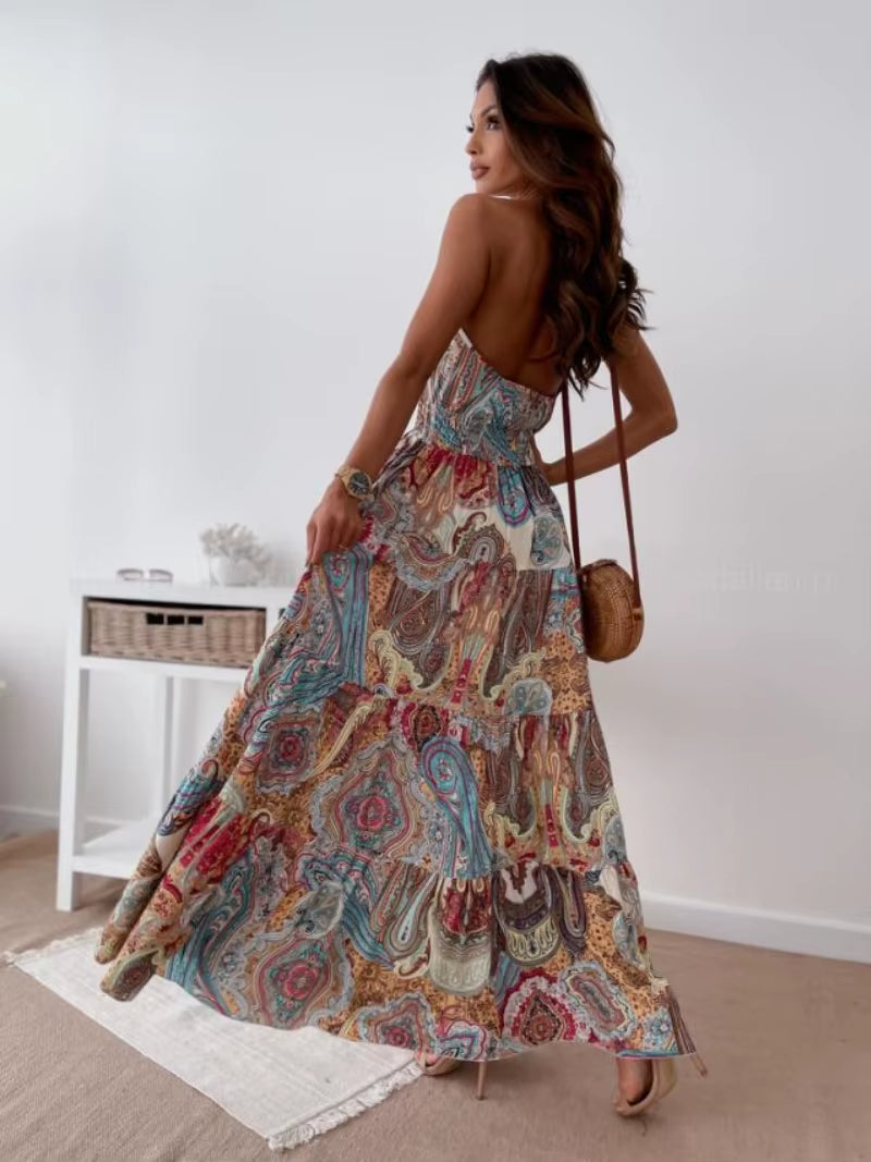 Fashionable and Sexy Bohemian-Style Printed Backless Suspender Long Dress for Women