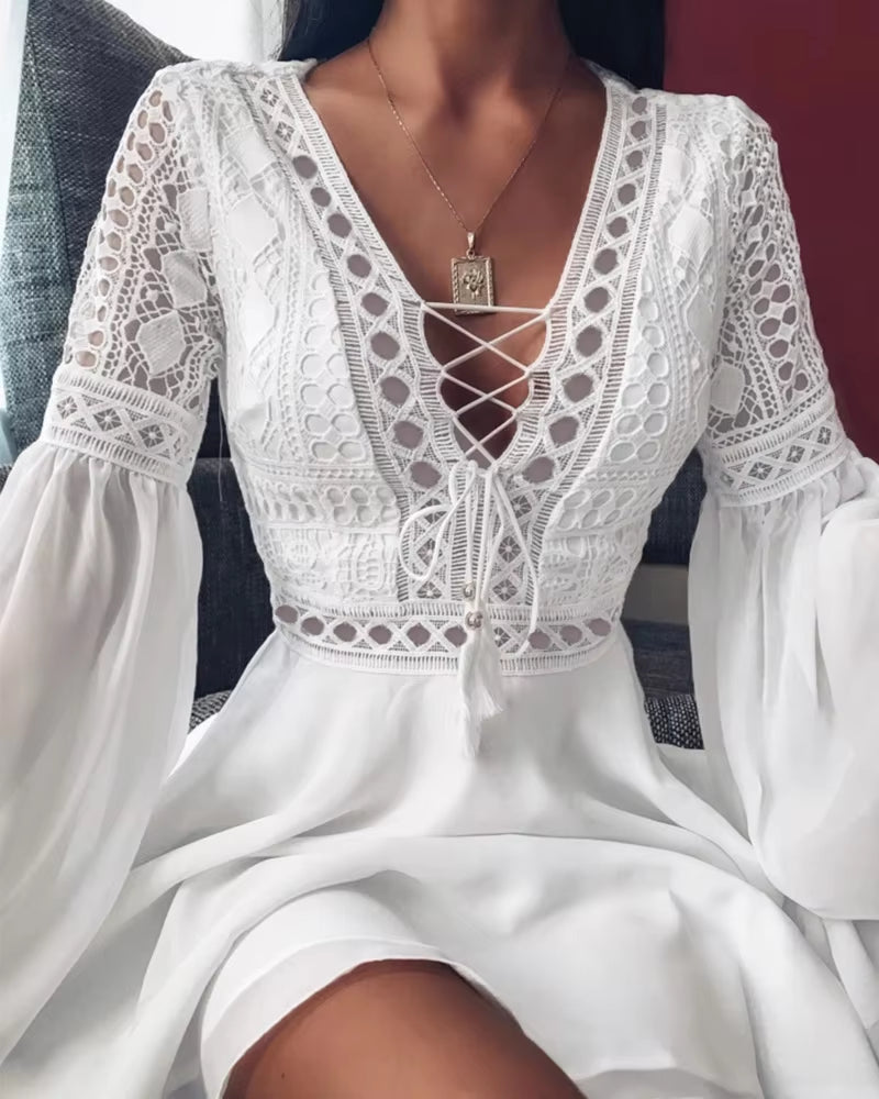 Women'S a Line Dress Short Mini Dress White Black Red Long Sleeve Solid Color Ruffle Patchwork Chiffon Spring Summer Slim V Neck