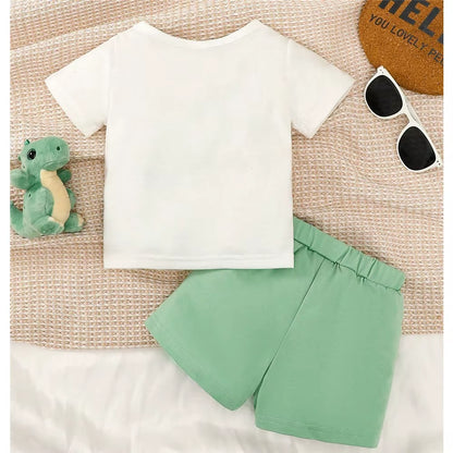 0-3 Years Infant Baby Boy 2PCS Set Cartoon Dinosaur White Short Sleeve Top+Brown Shorts Cute Sport Style Handsome Fashion Outfit