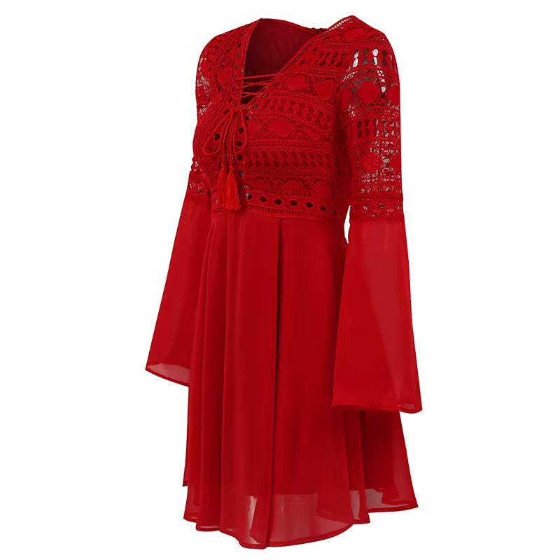 Women'S a Line Dress Short Mini Dress White Black Red Long Sleeve Solid Color Ruffle Patchwork Chiffon Spring Summer Slim V Neck