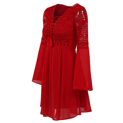 Women'S a Line Dress Short Mini Dress White Black Red Long Sleeve Solid Color Ruffle Patchwork Chiffon Spring Summer Slim V Neck