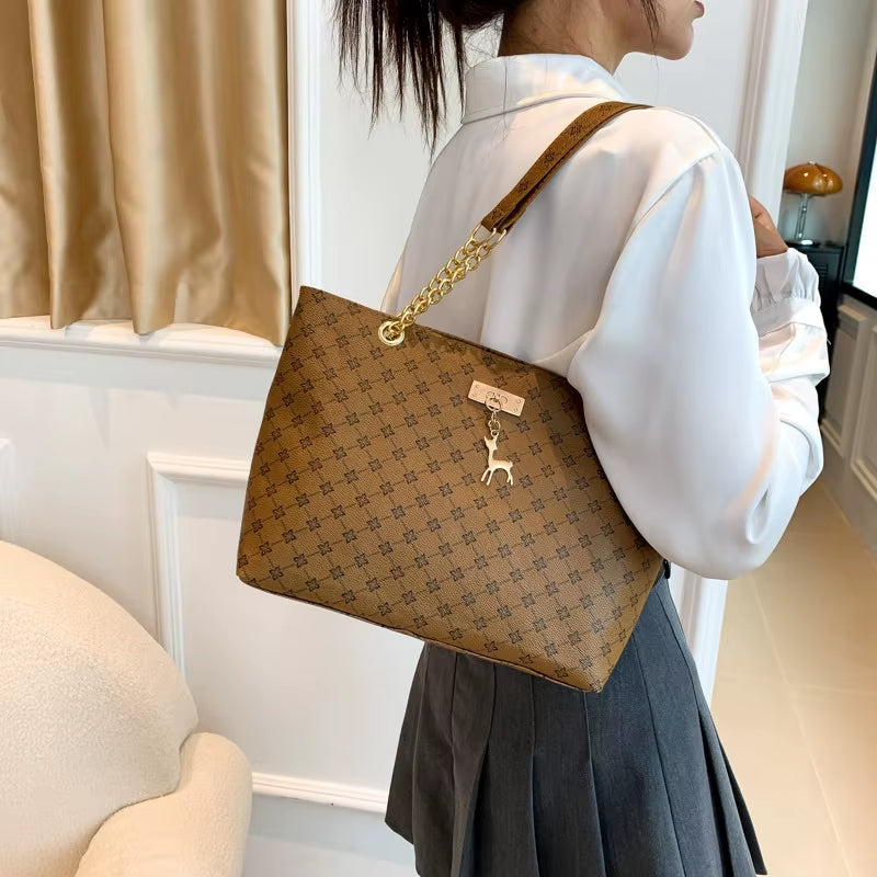 New Presbyopia Handbag Texture Soft Leather Large Capacity Tote Women Bag with Hanging Accessories Shoulder Bag