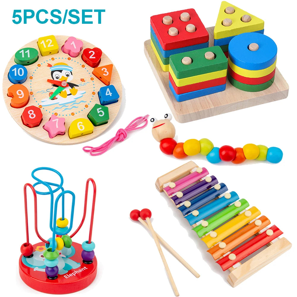 5-6Pcs/Set Montessori Wooden Toys for Babies Boy Girl Gift Baby Development Games Wood Puzzle for Kids Educational Learning Toy