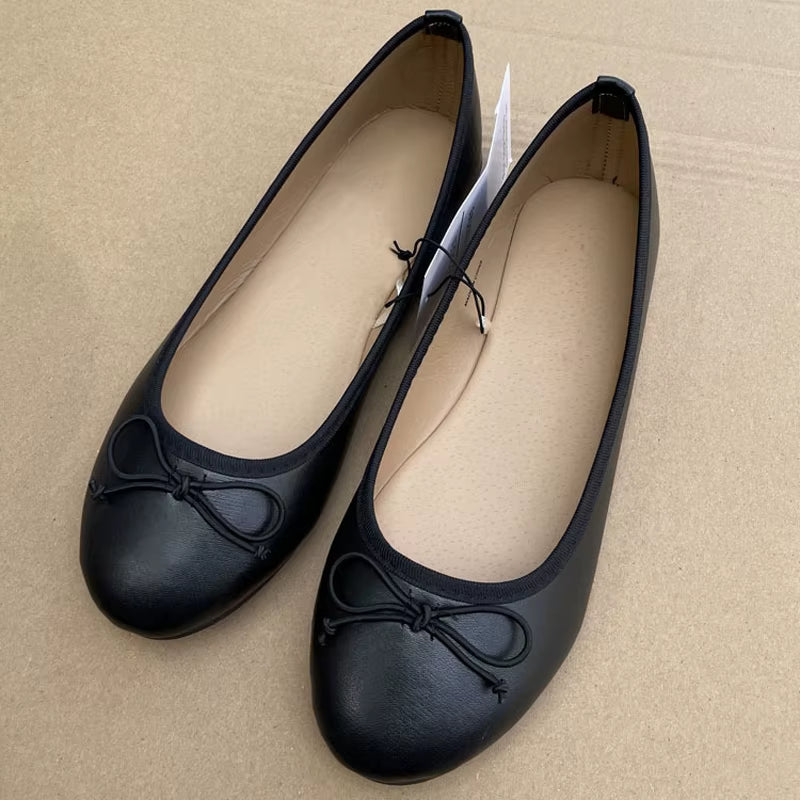 2026 Spring Elegant Bowknot Ballet Flats Classic Shoe round Toe Comfort Slip-On Ladies Fashion Loafers Leather Mules Shoes