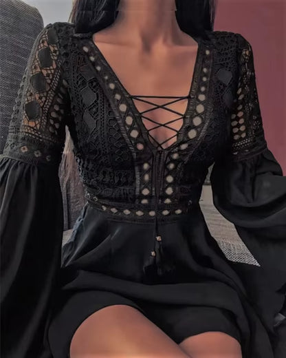 Women'S a Line Dress Short Mini Dress White Black Red Long Sleeve Solid Color Ruffle Patchwork Chiffon Spring Summer Slim V Neck