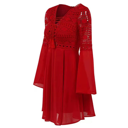 Women'S a Line Dress Short Mini Dress White Black Red Long Sleeve Solid Color Ruffle Patchwork Chiffon Spring Summer Slim V Neck